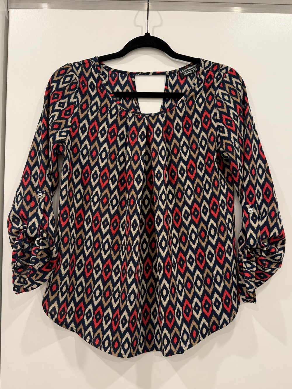 Papermoon Navy, Red and Cream Diamond-Print Keyhole Blouse